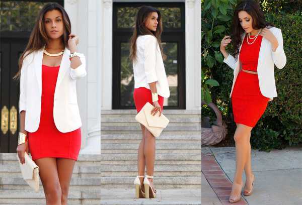 Красное платье с белым жакетом